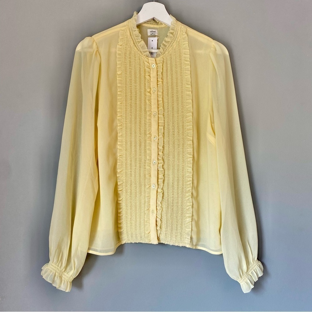 NWT Aritzia Wilfred Butter Yellow Button-Up Tuxedo Chiffon Fiji Blouse